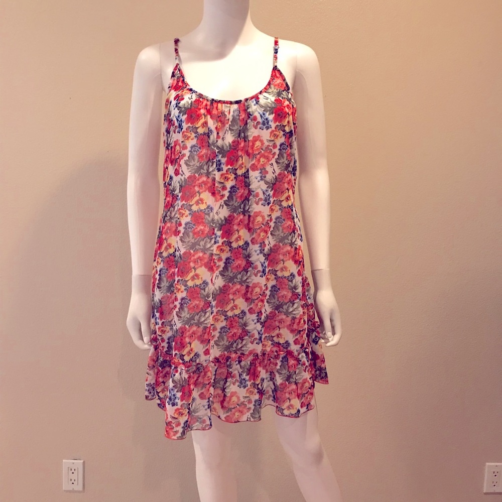 Floral Sheer Mini Dress Cover Up Size L Multi Color Festival Resort Beachwear